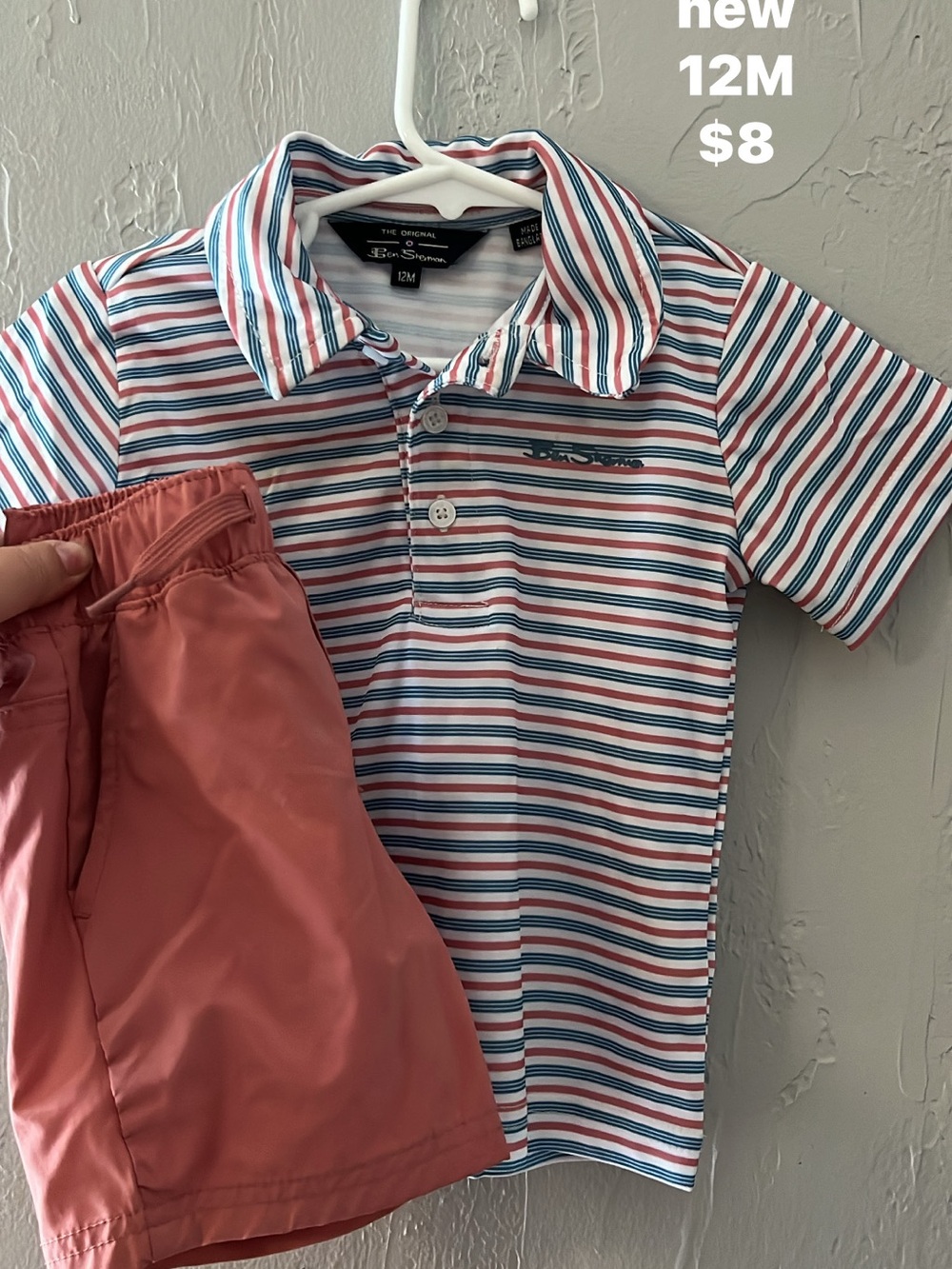 Southern Marsh Striped Polo with Coral Shorts - White, Blue & Coral